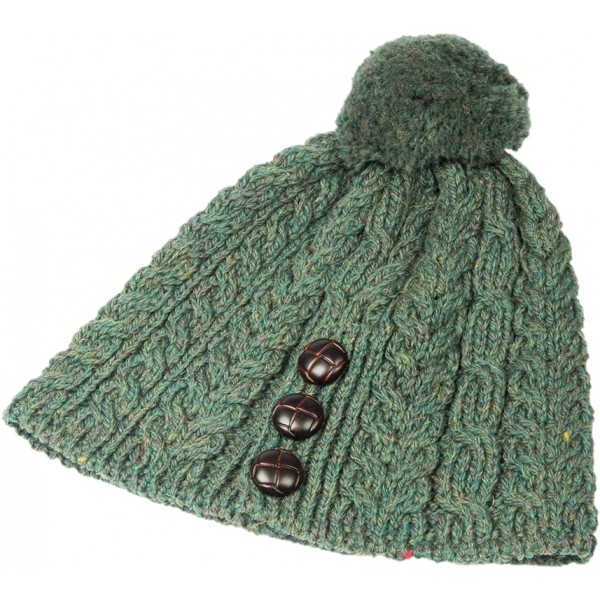 Aran Button Green Merino Hat PomPom