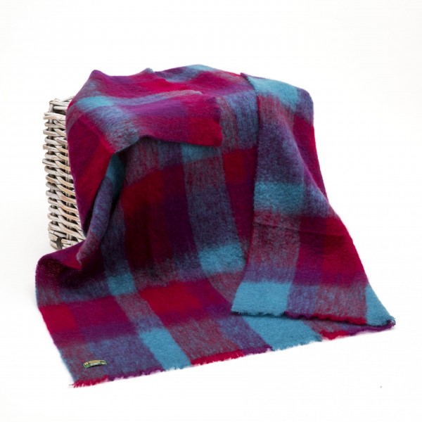 Mohair Throw Maroon Aqua Blue Block