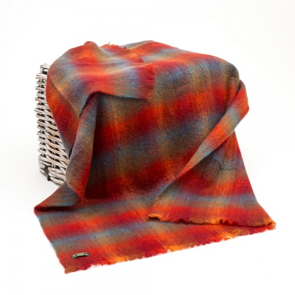 Mohair Throw Bright Orange Red and Blue Check Mix