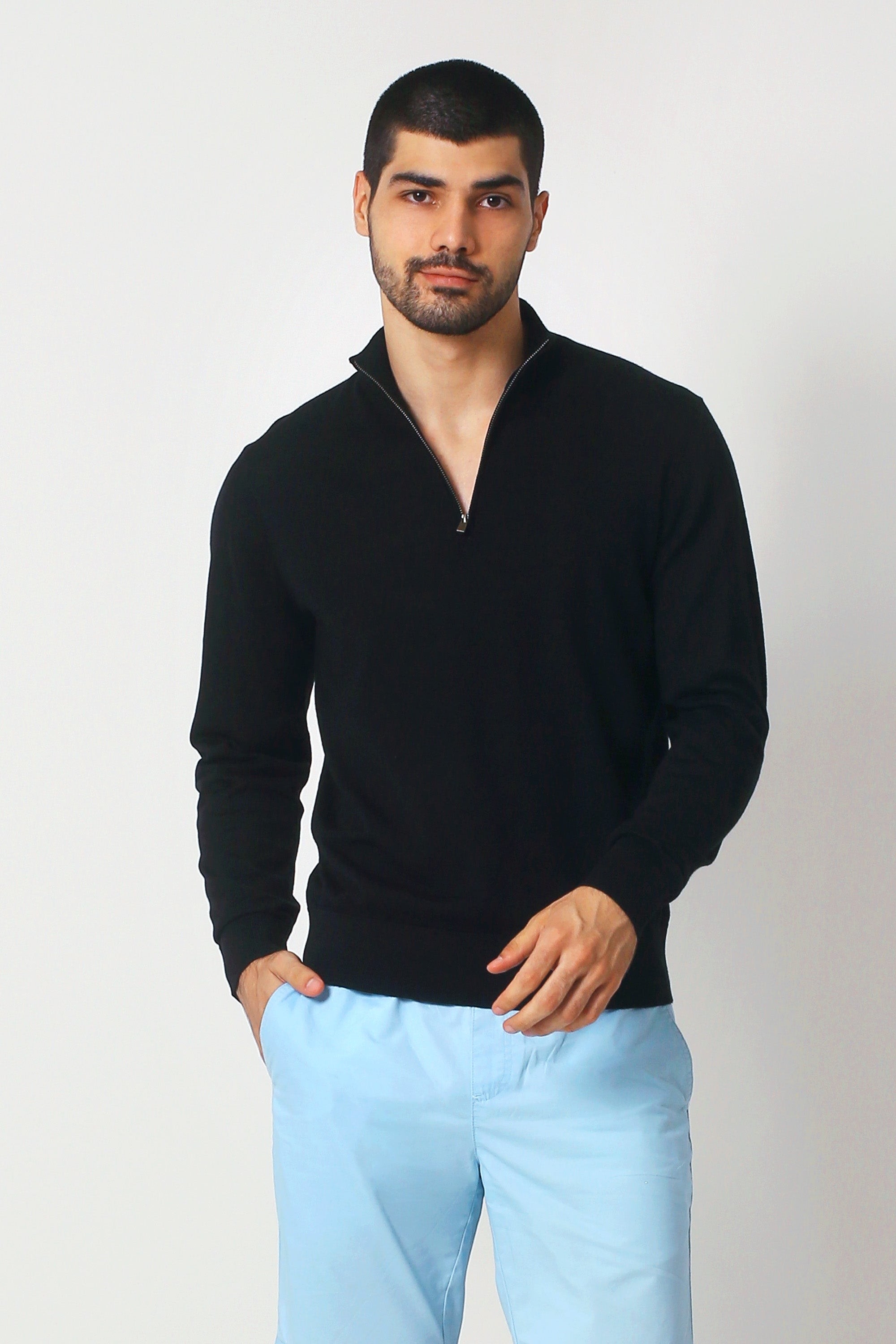 Merino Wool Quarter Zip Sweater Black