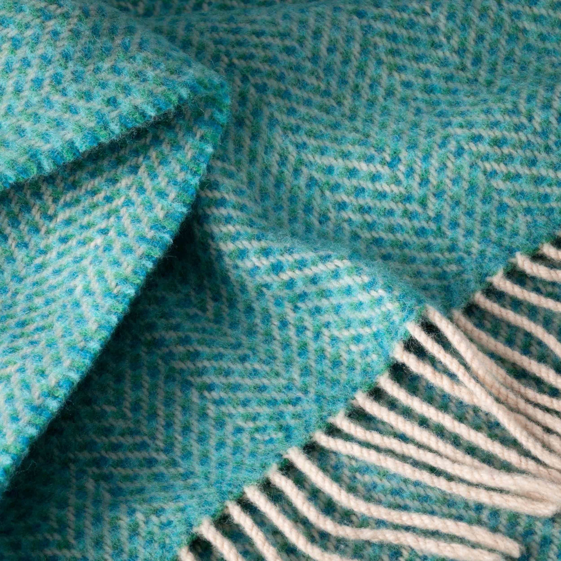 John Hanly Merino Wool Cashmere Throw Green Aqua Herringbone