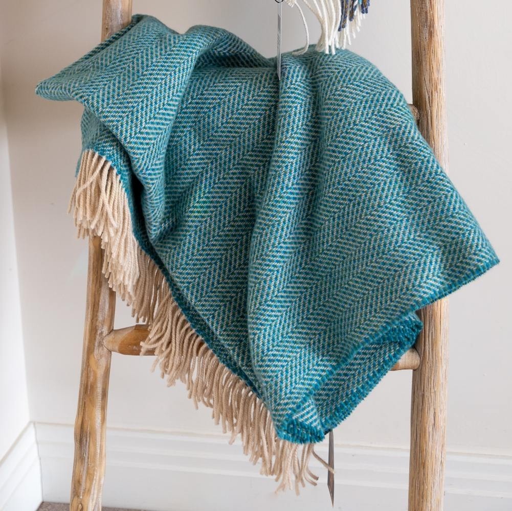 John Hanly Merino Wool Cashmere Throw Green Aqua Herringbone