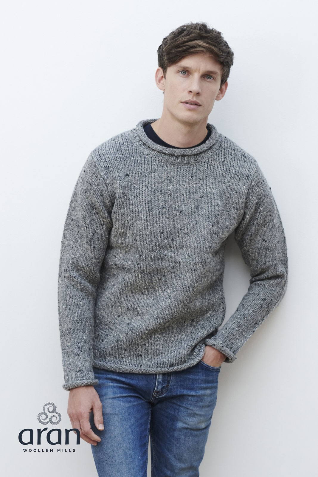 Raheen Tweed Roll Neck Mens Merino Wool Sweater - Light Grey