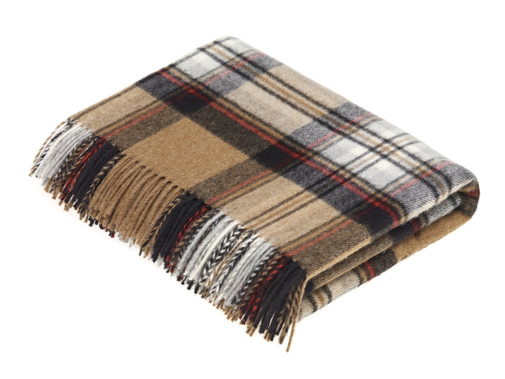 Tartan Plaid Merino Lambswool Wool Throw Blanket Camel Stewart Tartan Made in England