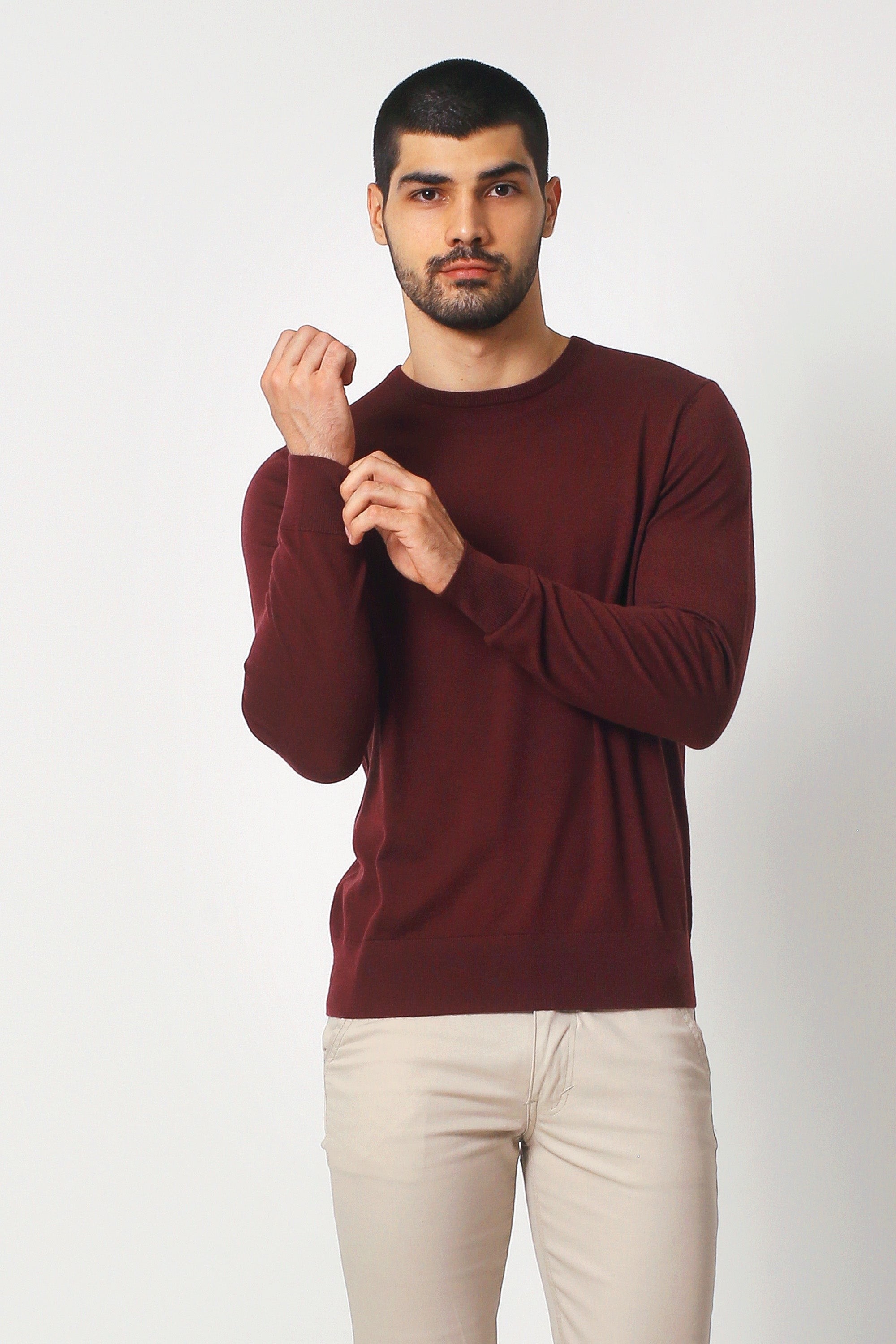 Merino Wool Crew Neck Sweater Burgundy