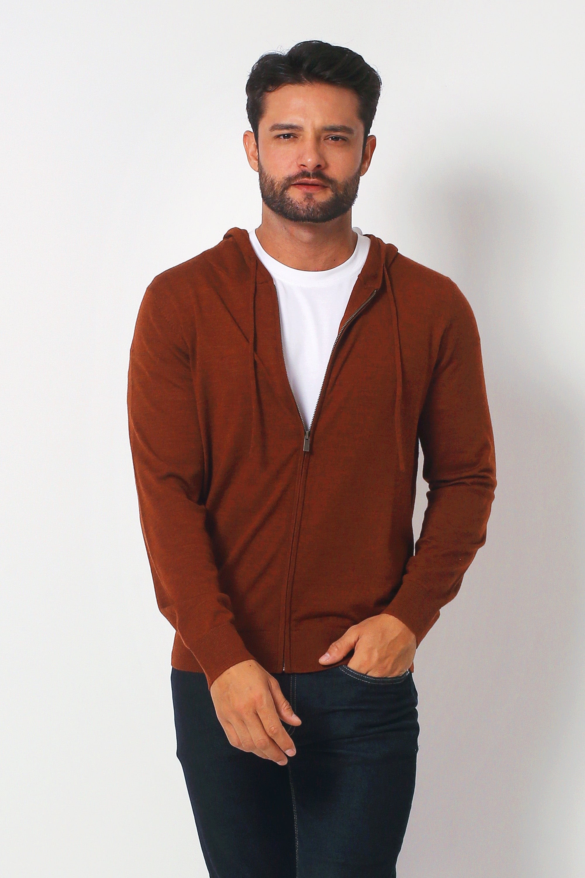 Merino Wool Full Zip Hoodie Sweater - Rust