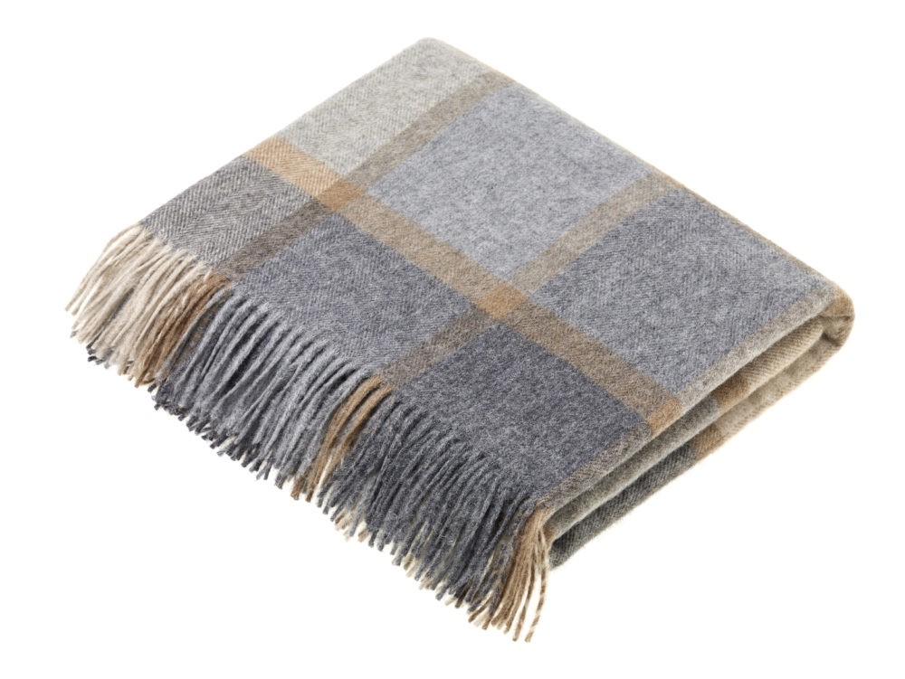 Block Windowpane Beige Grey Wool Throw Blanket