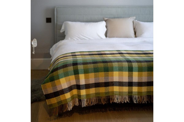 John Hanly Merino Wool Cashmere Throw Green Yellow Charcoal Diamond Weave