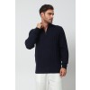 Merino Wool Half Zip Cable Knit Sweater - Navy