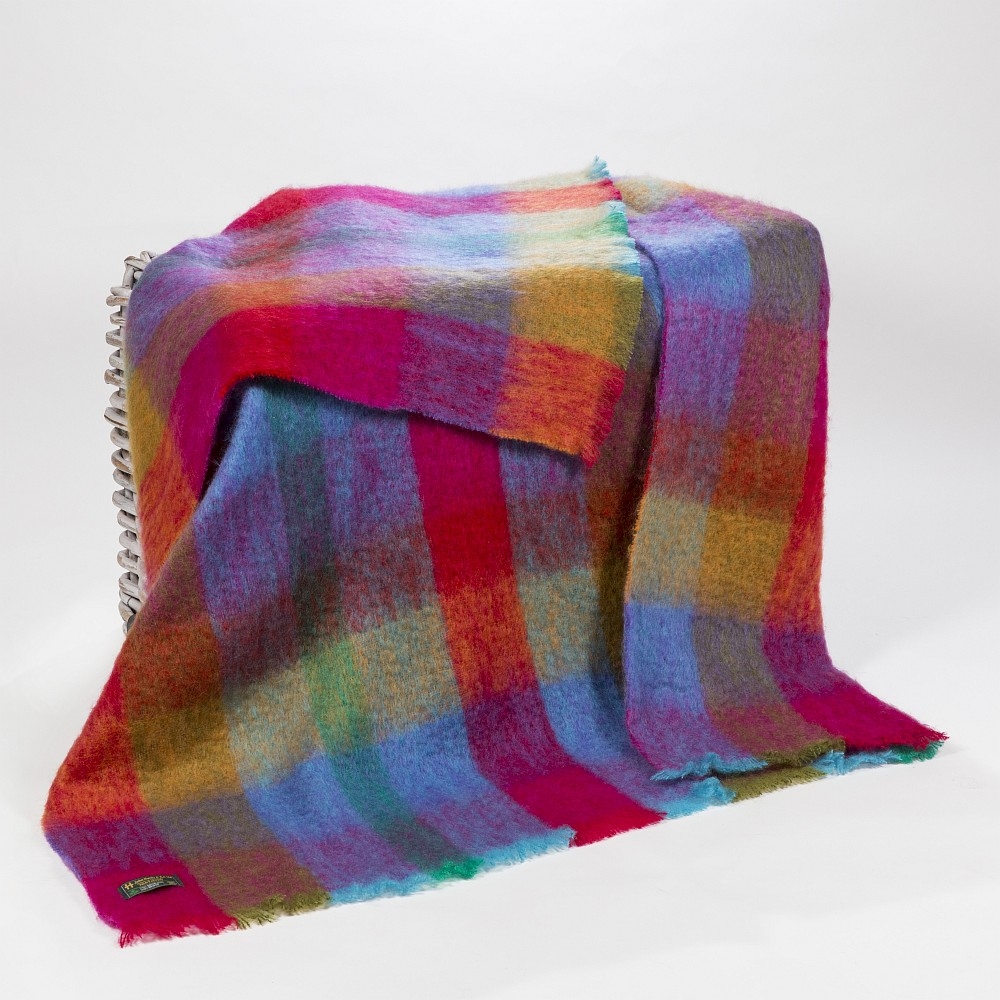 Mohair Throw Blanket Bright Pink Mustard Purple Aqua Block Check